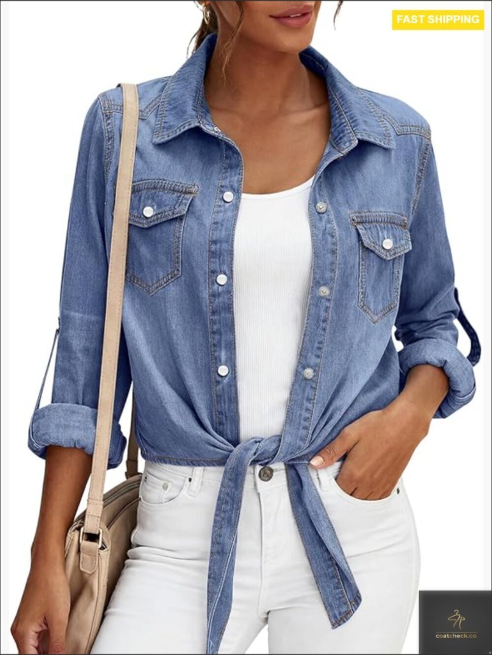 Denim Button Down Shirt Tie Knot Front Cropped Cardigan Chic Casual Blouse